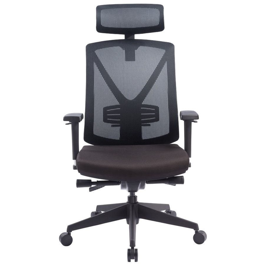 MARCELL BLACK nagy teherbírású ergonomikus szék fekete színű, szögletes műanyag lábkereszttel, állítható karfákkal, fejtámlával, deréktámasszal, illetve állítható ülésmélységgel, teherbírás: 130 kg, garancia: 3 év